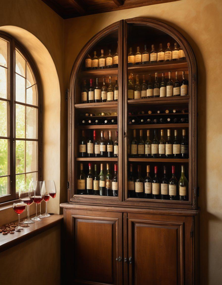 An elegant wine cellar filled with rare bottles of vintage wine, each intricately labeled, accompanied by historic memorabilia like vintage wine glasses and collector's coins displayed in an ornate wooden cabinet. Soft golden lighting creates a warm ambiance, while a backdrop of lush vineyards can be glimpsed through a large arched window. artistic realism. rich textures. warm colors.
