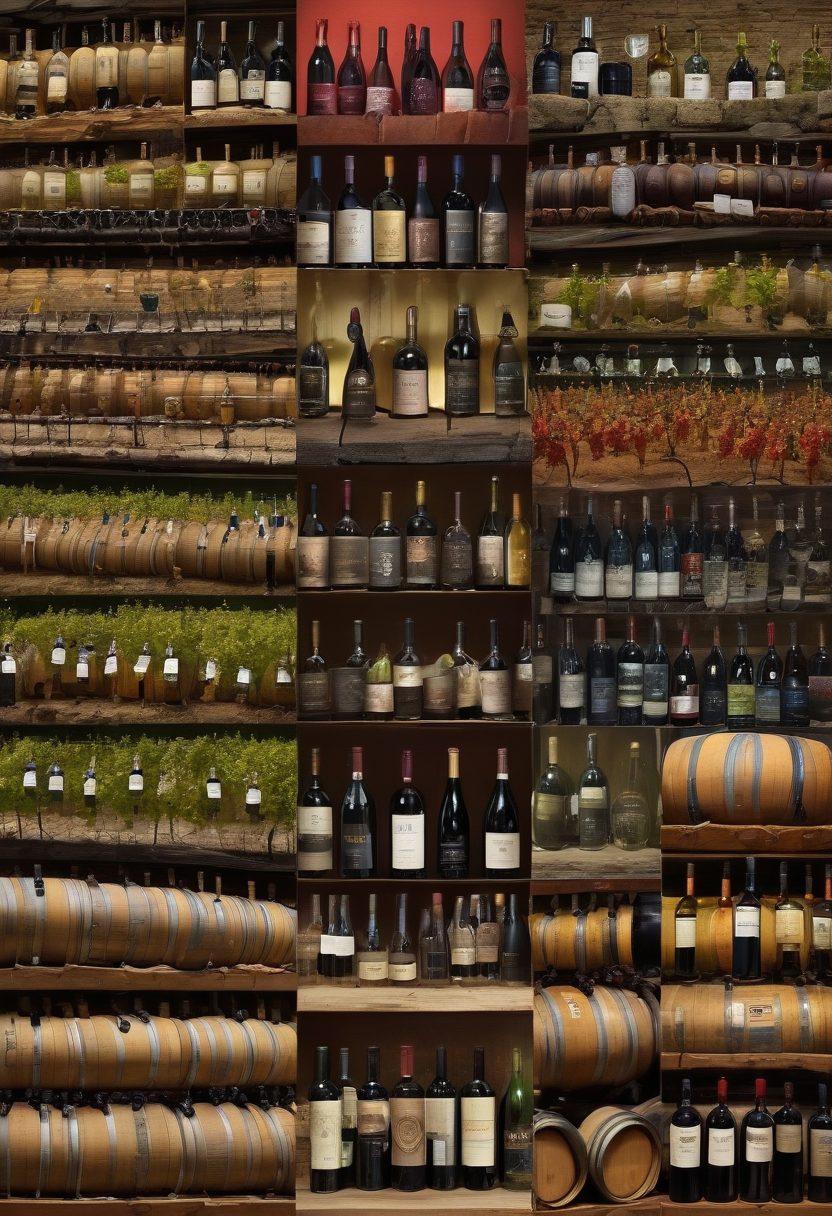 A visually striking collage showcasing the journey of wine from ancient vineyards with twisted vines and rustic barrels to sleek modern wineries with contemporary labels and glass bottles. Include images of people enjoying wine through the ages, from toasting with goblets in ancient times to wine tasting in modern settings. Vivid backgrounds of lush grape vineyards transitioning to stylish wine bars, encapsulating the evolution of wine culture. vibrant colors. super-realistic.