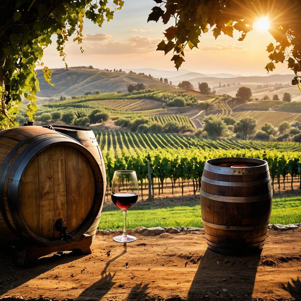 A stunning vineyard landscape at sunset, with rows of lush grapevines stretching into the horizon. In the foreground, an ancient wooden wine barrel and a vintage glass of red wine sit on a rustic table, symbolizing the history of fine wine. Soft, golden sunlight casts warm hues over the scene, highlighting the textures of the vines and the barrel. A rolling hill with a quaint winery peeks in the background, embodying the essence of tradition and craftsmanship. impressionistic style. warm colors. soft focus.